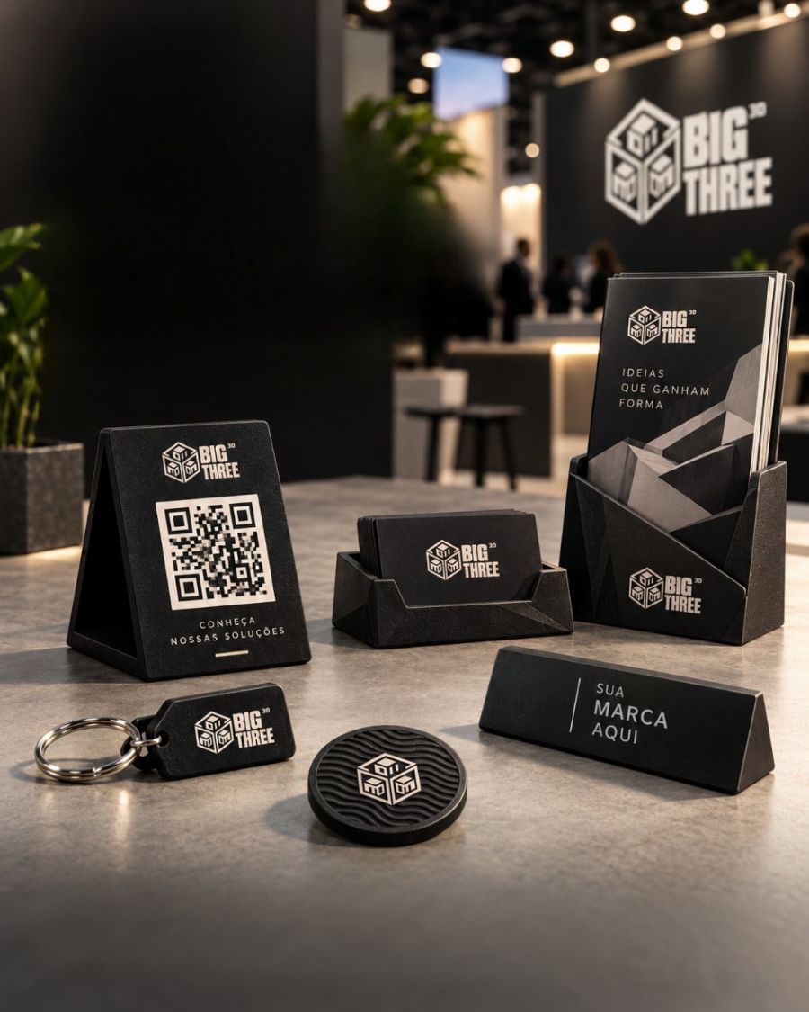 Feiras e estandes: Display com QR Code, porta-cartões e porta-folhetos